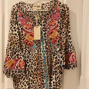 Leopard print tunic with flower details stitched on arms and top